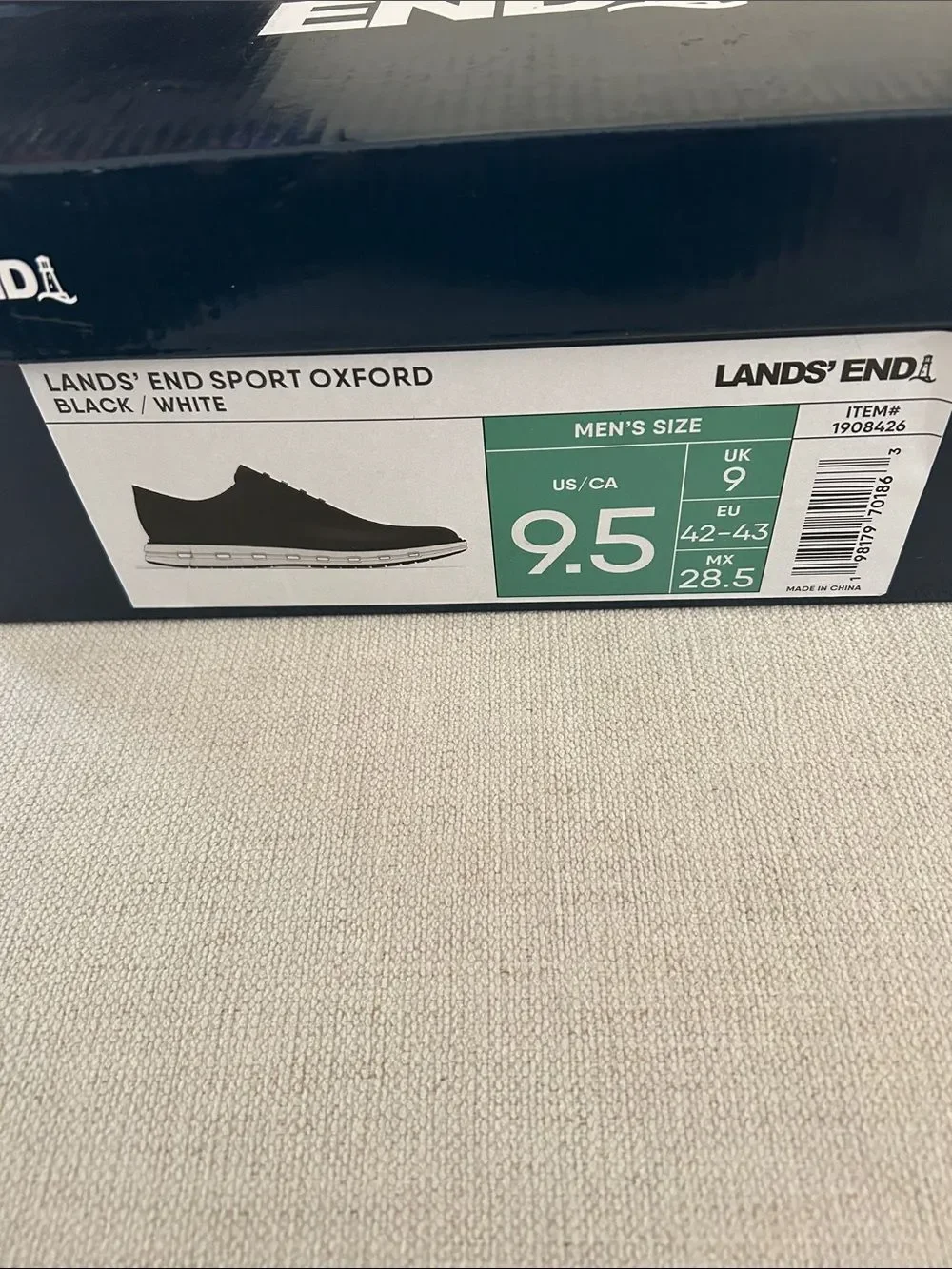 Lands End Mens Sport Oxford Shoes Black White Hybrid Sneaker, Mens 9.5, NWT